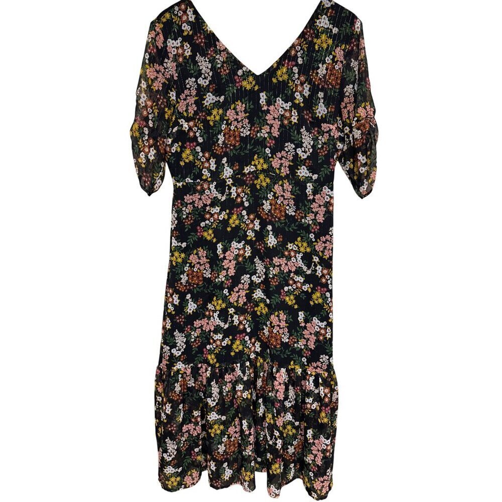 Ann Taylor Factory Women's Dress Black Floral Midi Lined Classic Size 6 V-Neck